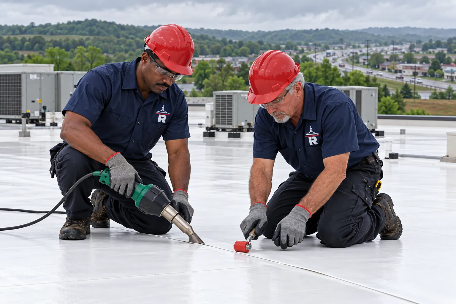 Roofing crew installing white TPO membrane on a commercial flat roof