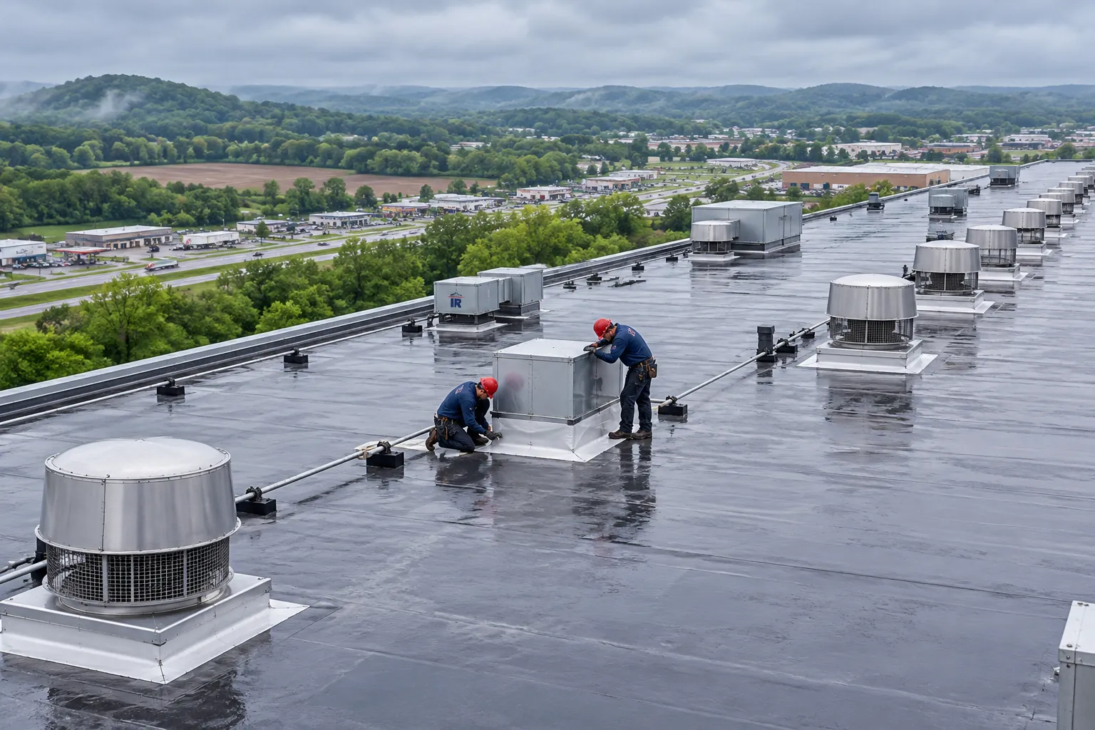 Roofers working across a large industrial roof near Radcliff, KY