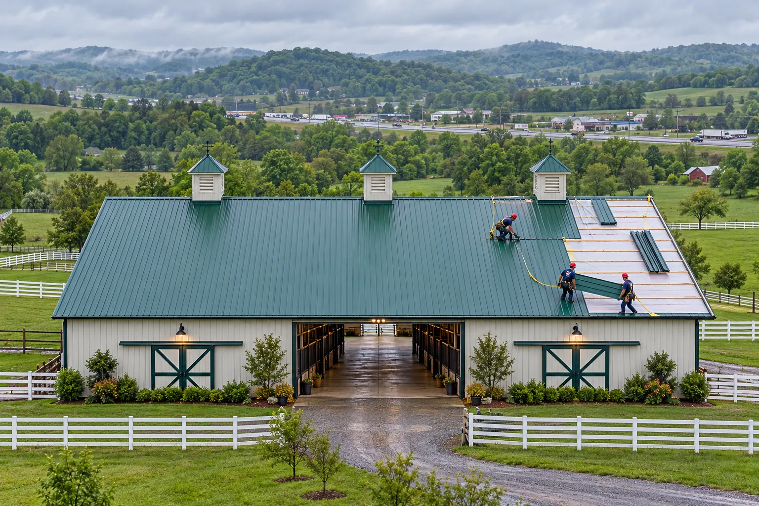 Roofers installing metal roof panels on a commercial building